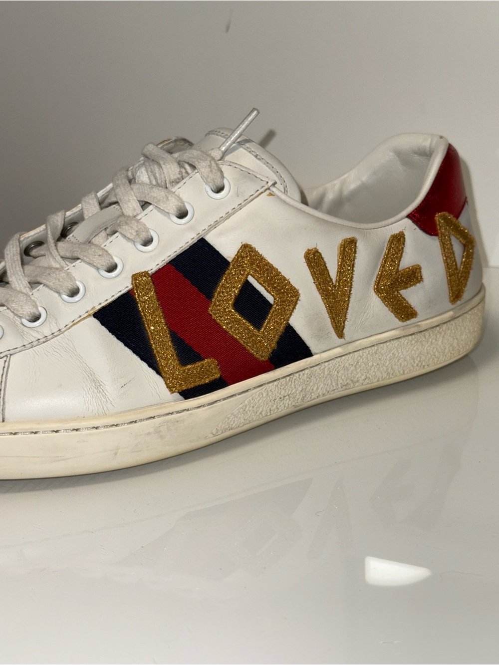 Gucci White Leather 'Loved' Sneakers with Red, Blue & Gold Accents - Picture 8 of 17
